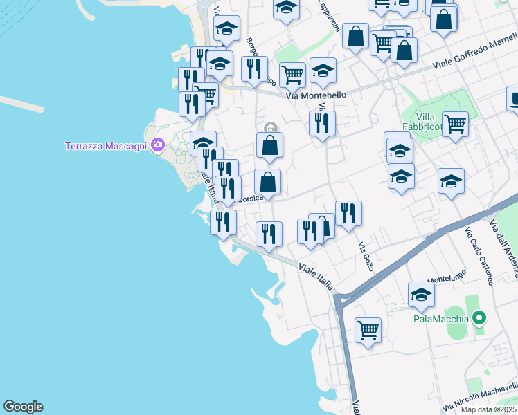 map of restaurants, bars, coffee shops, grocery stores, and more near 4-6 Via Sardegna in Livorno