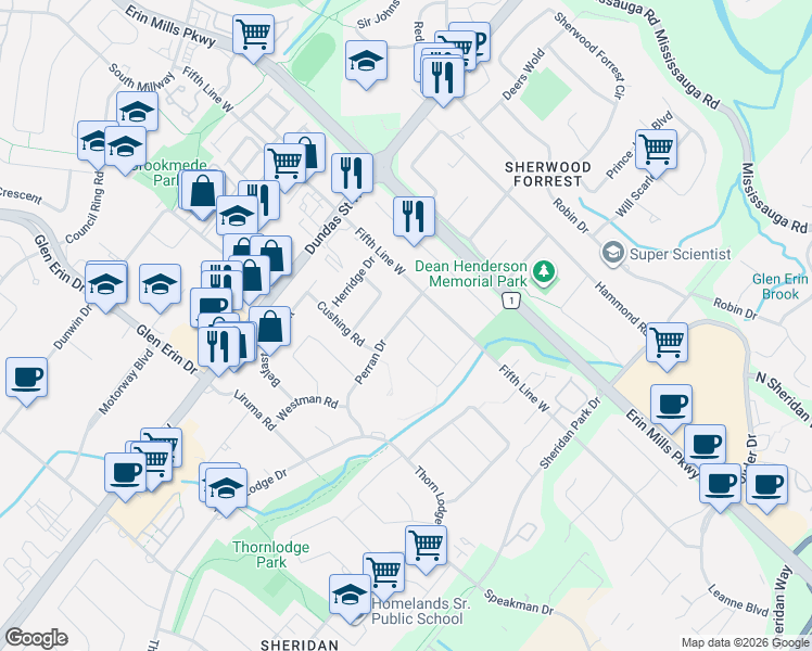 map of restaurants, bars, coffee shops, grocery stores, and more near 2532 Renzoni Road in Mississauga