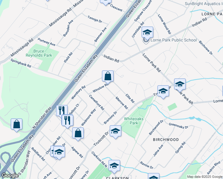 map of restaurants, bars, coffee shops, grocery stores, and more near 1541 Merrow Road in Mississauga