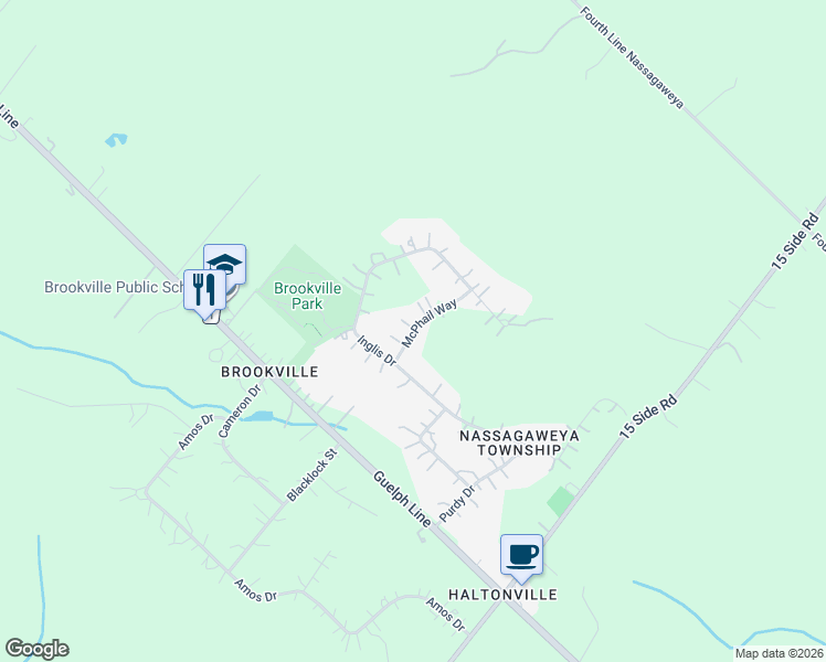 map of restaurants, bars, coffee shops, grocery stores, and more near 3165 McPhail Way in Milton