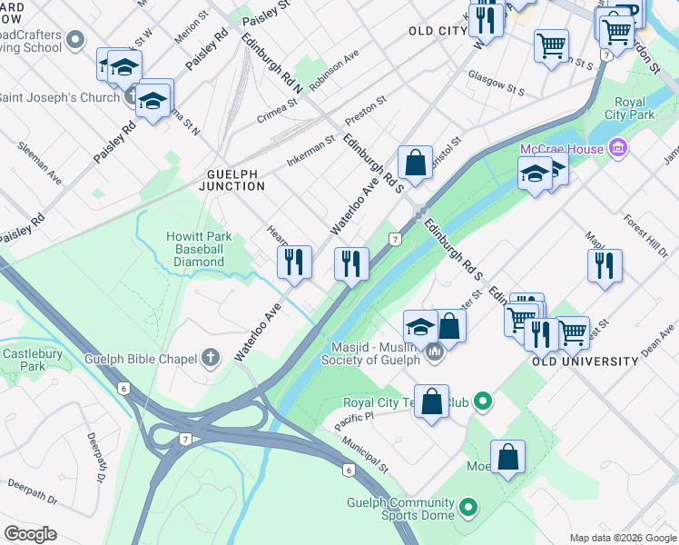 map of restaurants, bars, coffee shops, grocery stores, and more near 281 Bristol Street in Guelph