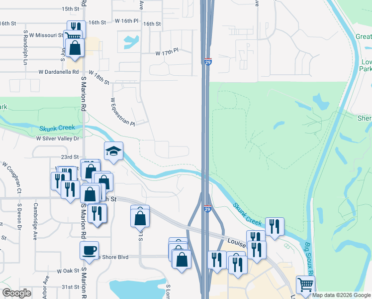 map of restaurants, bars, coffee shops, grocery stores, and more near 4517 West Graceland Place in Sioux Falls
