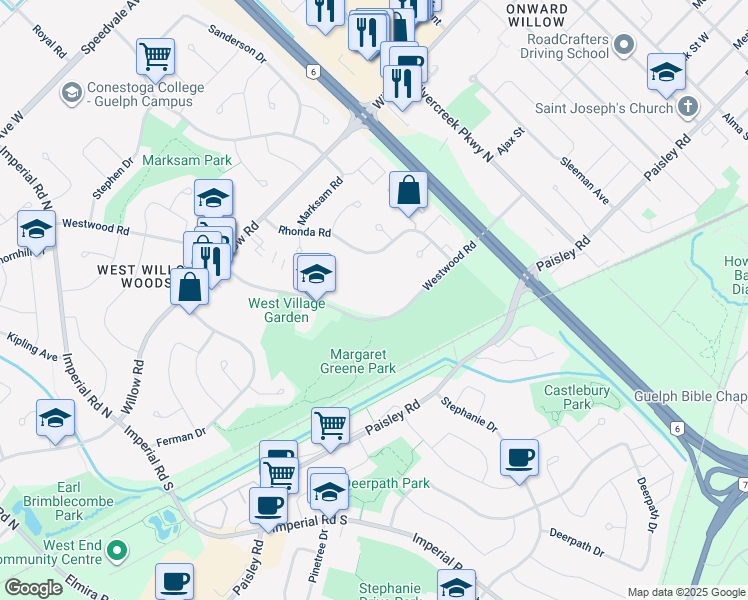 map of restaurants, bars, coffee shops, grocery stores, and more near 70 Rhonda Road in Guelph