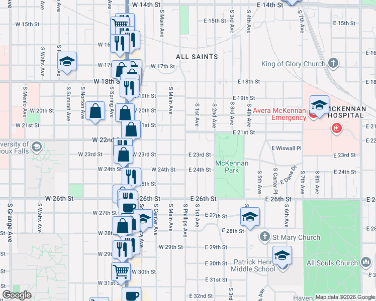 map of restaurants, bars, coffee shops, grocery stores, and more near 1401 South Phillips Avenue in Sioux Falls