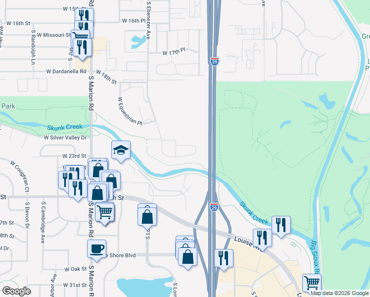 map of restaurants, bars, coffee shops, grocery stores, and more near West Graceland Place in Sioux Falls