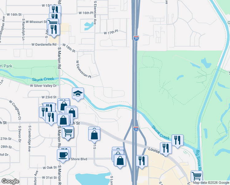 map of restaurants, bars, coffee shops, grocery stores, and more near West Graceland Place in Sioux Falls