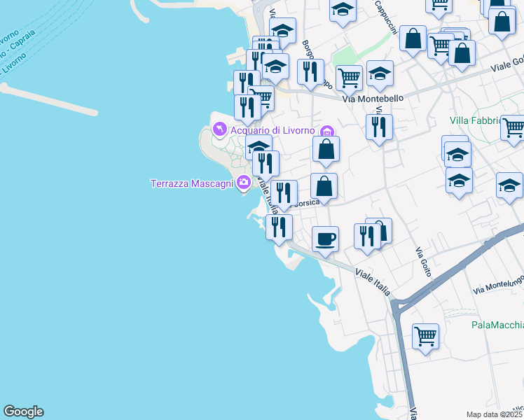 map of restaurants, bars, coffee shops, grocery stores, and more near 56 Viale Italia in Livorno