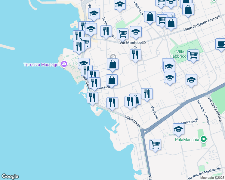 map of restaurants, bars, coffee shops, grocery stores, and more near 6 Via Sardegna in Livorno