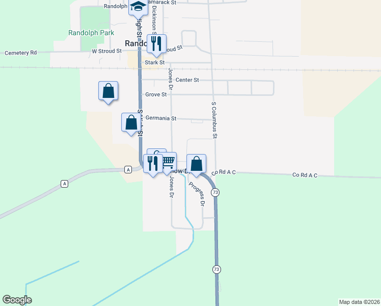 map of restaurants, bars, coffee shops, grocery stores, and more near 460 Nickolas Street in Randolph
