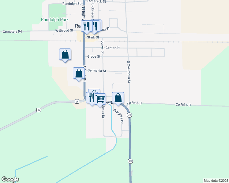 map of restaurants, bars, coffee shops, grocery stores, and more near 460 Nickolas Street in Randolph