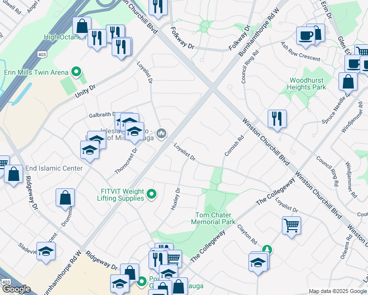 map of restaurants, bars, coffee shops, grocery stores, and more near 3695 Loyalist Drive in Mississauga