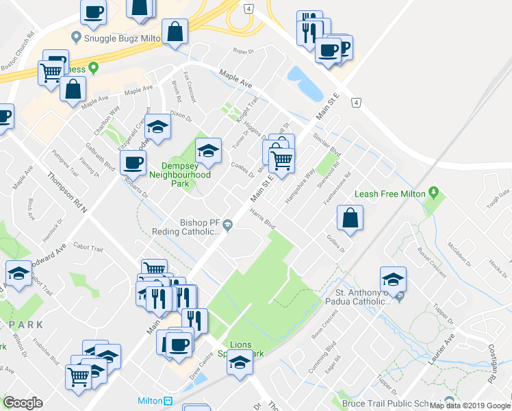 map of restaurants, bars, coffee shops, grocery stores, and more near in Milton