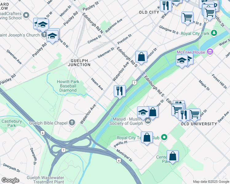 map of restaurants, bars, coffee shops, grocery stores, and more near 281 Bristol Street in Guelph