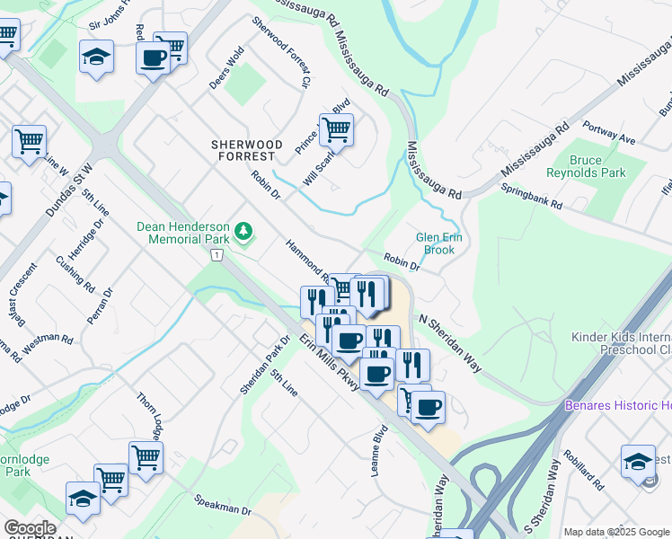 map of restaurants, bars, coffee shops, grocery stores, and more near 1949 Lincoln Green Way in Mississauga