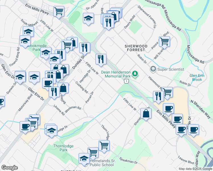 map of restaurants, bars, coffee shops, grocery stores, and more near 2518 Fifth Line West in Mississauga