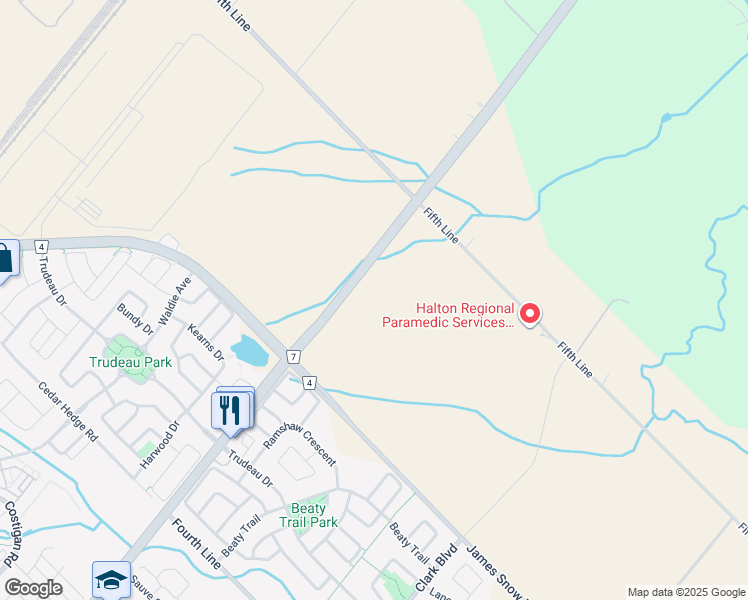 map of restaurants, bars, coffee shops, grocery stores, and more near 6790 Fifth Line in Milton