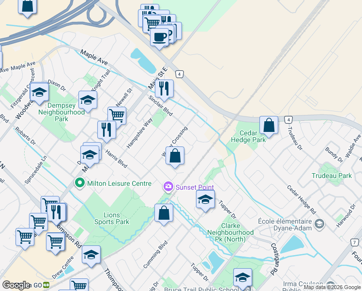 map of restaurants, bars, coffee shops, grocery stores, and more near in Milton