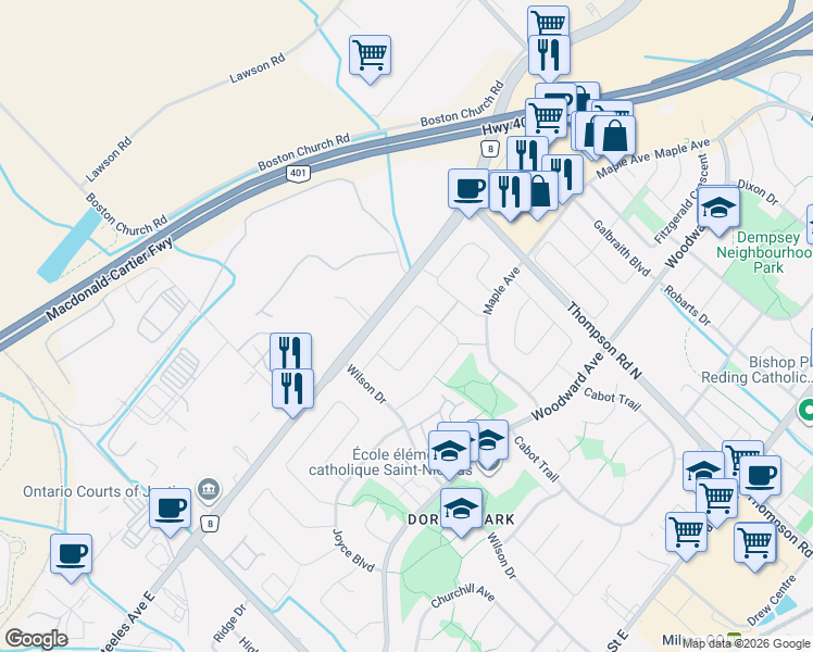 map of restaurants, bars, coffee shops, grocery stores, and more near 750 Willow Avenue in Milton
