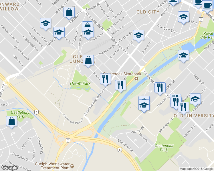 map of restaurants, bars, coffee shops, grocery stores, and more near 321 Waterloo Avenue in Guelph