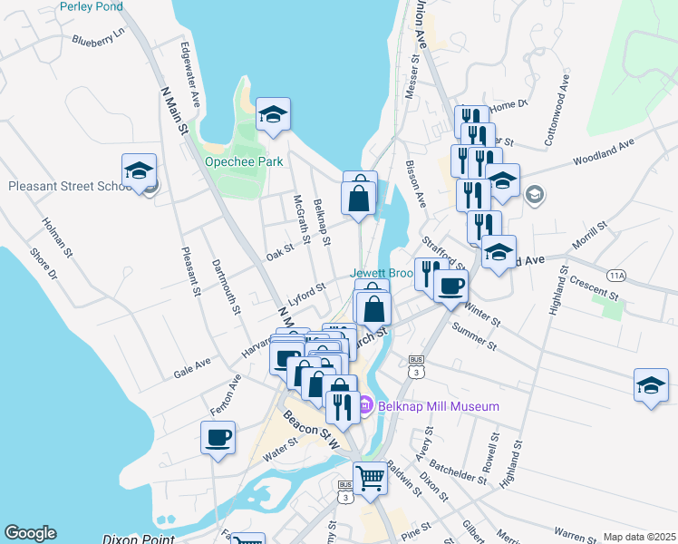 map of restaurants, bars, coffee shops, grocery stores, and more near 86 Messer Street in Laconia