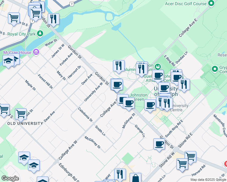 map of restaurants, bars, coffee shops, grocery stores, and more near 357 Gordon Street in Guelph