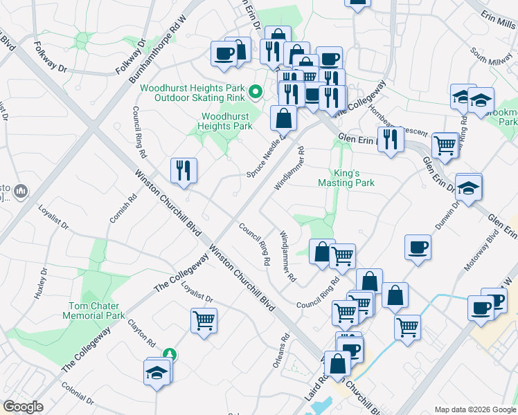 map of restaurants, bars, coffee shops, grocery stores, and more near 2601 Windjammer Road in Mississauga