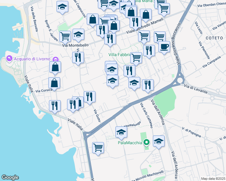 map of restaurants, bars, coffee shops, grocery stores, and more near 32 Via Adriano Cecioni in Livorno