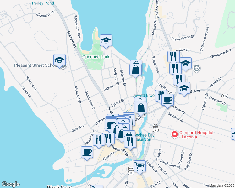 map of restaurants, bars, coffee shops, grocery stores, and more near 99 Oak Street in Laconia