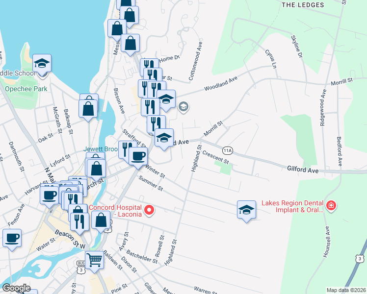map of restaurants, bars, coffee shops, grocery stores, and more near 65 Gilford Avenue in Laconia