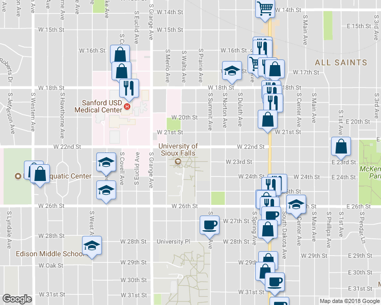 map of restaurants, bars, coffee shops, grocery stores, and more near 1101 West 22nd Street in Sioux Falls