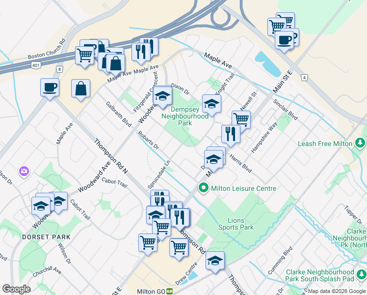 map of restaurants, bars, coffee shops, grocery stores, and more near 1090 Sprucedale Lane in Milton