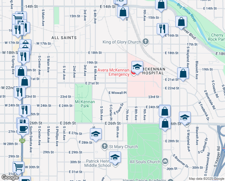 map of restaurants, bars, coffee shops, grocery stores, and more near 612 East Wiswall Place in Sioux Falls