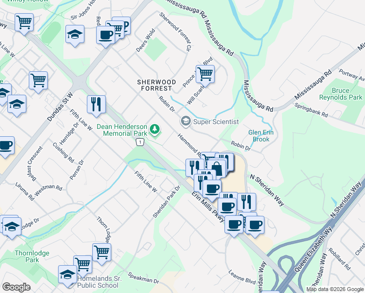 map of restaurants, bars, coffee shops, grocery stores, and more near 2370 Hammond Road in Mississauga