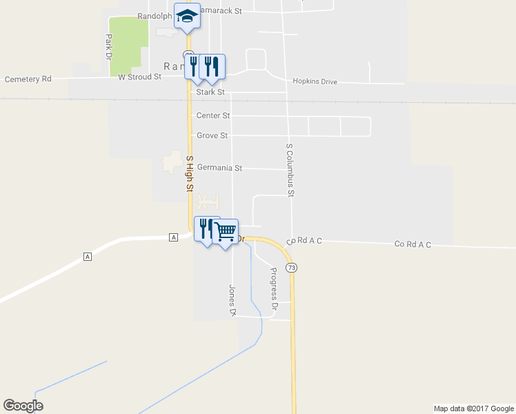 map of restaurants, bars, coffee shops, grocery stores, and more near 460 Nickolas Street in Randolph