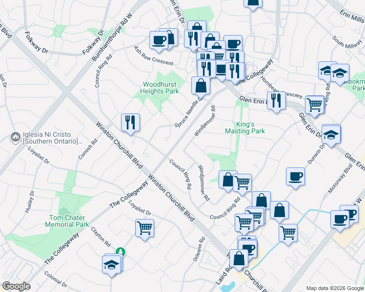 map of restaurants, bars, coffee shops, grocery stores, and more near 2595 Windjammer Road in Mississauga