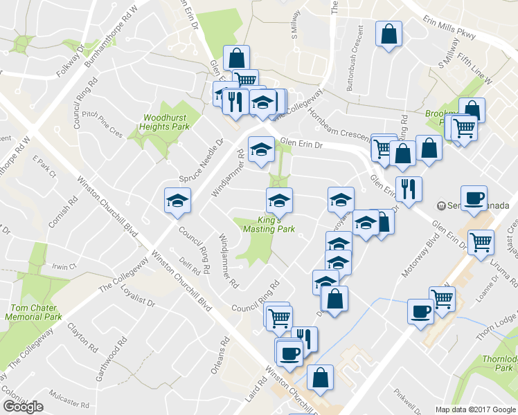 map of restaurants, bars, coffee shops, grocery stores, and more near 3268 Mainsail Crescent in Mississauga