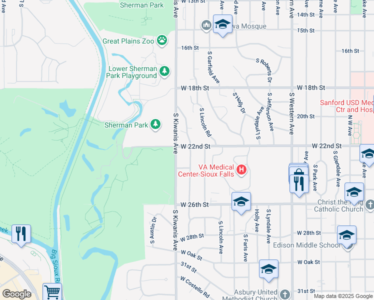 map of restaurants, bars, coffee shops, grocery stores, and more near 2801 West 22nd Street in Sioux Falls