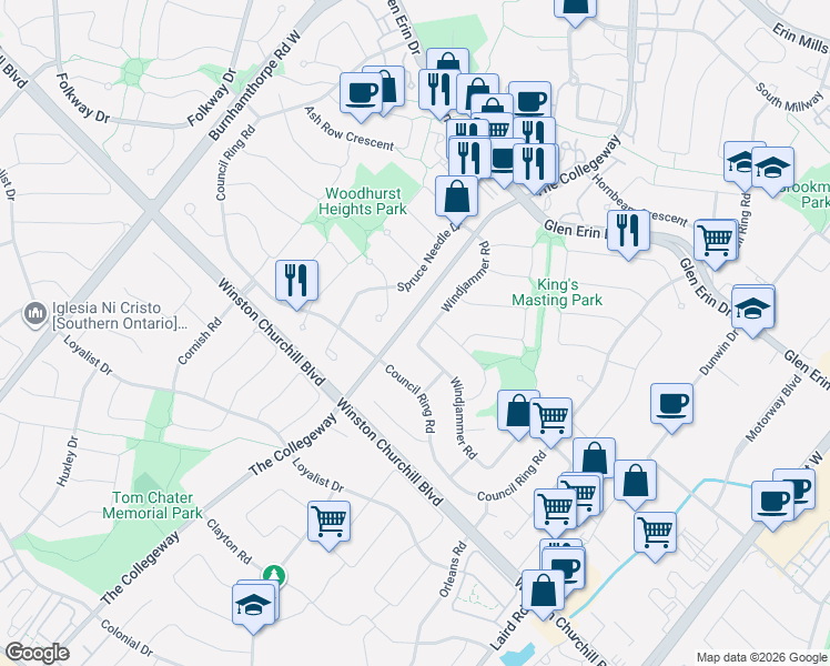 map of restaurants, bars, coffee shops, grocery stores, and more near 2595 Windjammer Road in Mississauga