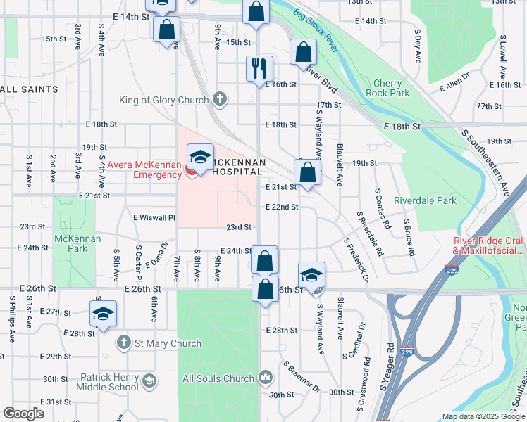map of restaurants, bars, coffee shops, grocery stores, and more near 1502 South Cliff Avenue in Sioux Falls