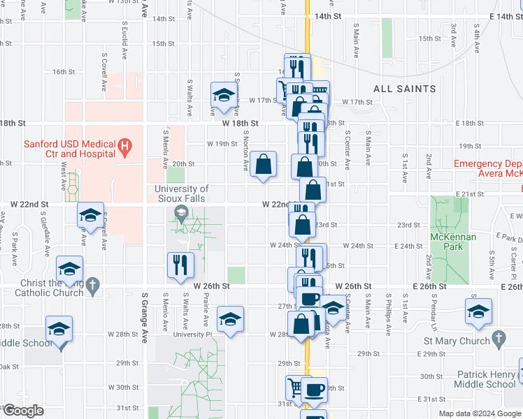 map of restaurants, bars, coffee shops, grocery stores, and more near 1401 South Duluth Avenue in Sioux Falls