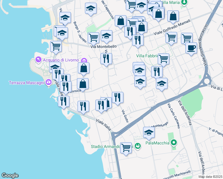 map of restaurants, bars, coffee shops, grocery stores, and more near 86 Via Goito in Livorno