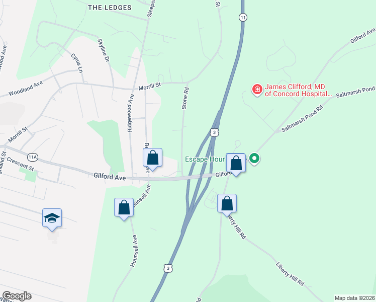 map of restaurants, bars, coffee shops, grocery stores, and more near 23 Stone Road in Gilford