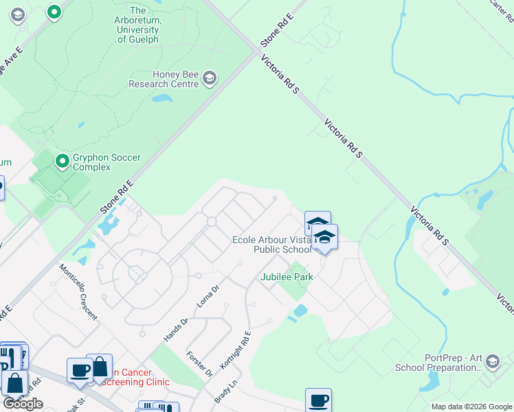 map of restaurants, bars, coffee shops, grocery stores, and more near 76 Parkside Drive in Guelph
