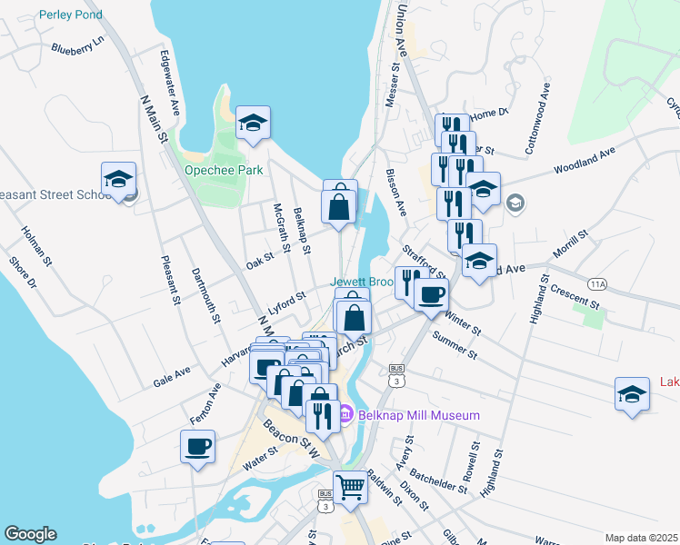 map of restaurants, bars, coffee shops, grocery stores, and more near 86 Messer Street in Laconia