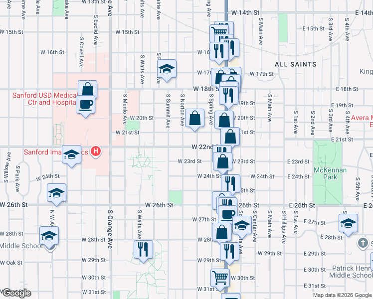 map of restaurants, bars, coffee shops, grocery stores, and more near 1402 South Norton Avenue in Sioux Falls