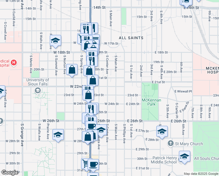 map of restaurants, bars, coffee shops, grocery stores, and more near 1401 South Center Avenue in Sioux Falls