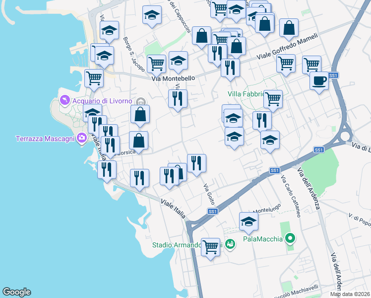 map of restaurants, bars, coffee shops, grocery stores, and more near 86 Via Goito in Livorno