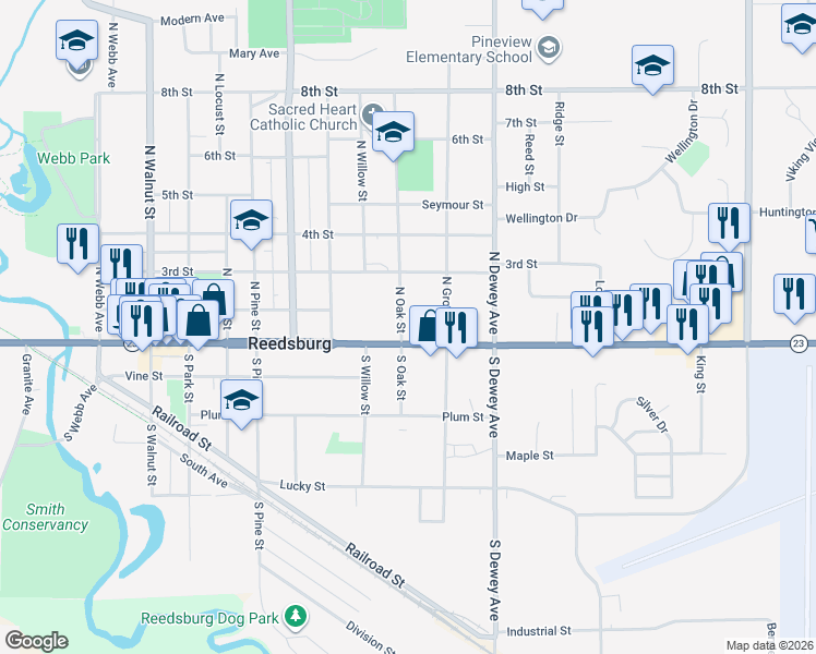 map of restaurants, bars, coffee shops, grocery stores, and more near 129 North Oak Street in Reedsburg