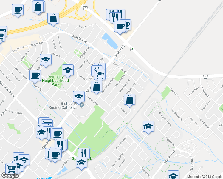 map of restaurants, bars, coffee shops, grocery stores, and more near 205 Sherwood Road in Milton
