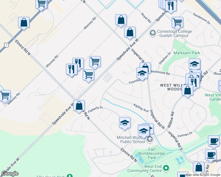 map of restaurants, bars, coffee shops, grocery stores, and more near 39 Greenwich Drive in Guelph